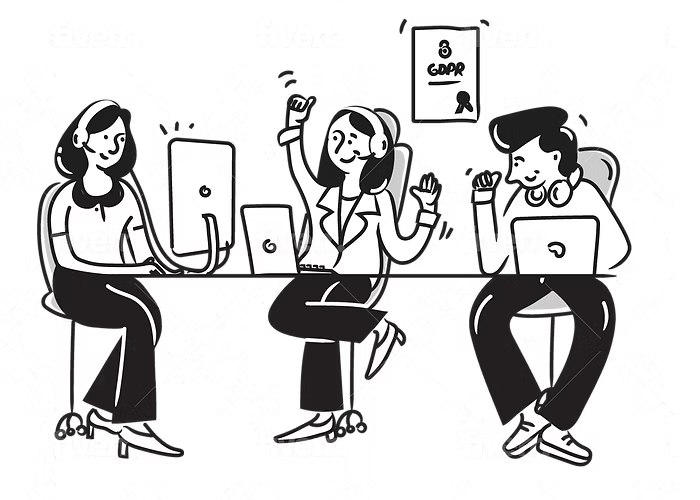 Three call centre agents at a desk with headsets and laptops, a GDPR certificate on the wall